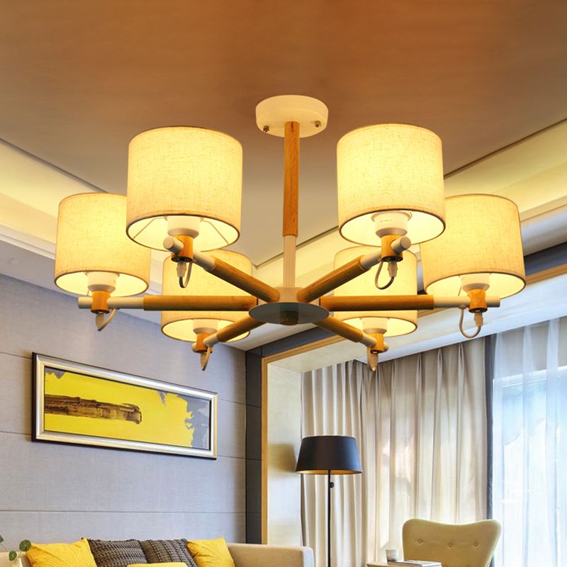 6 Heads Living Room Semi Flush Chandelier Nordic Wooden Ceiling Mount Light with Cylinder Fabric Shade