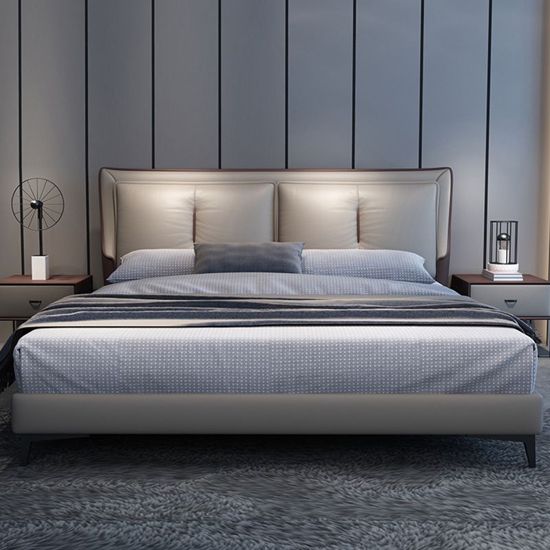 Genuine Leather Bed Frame Contemporary Standard Bed Upholstered Headboard