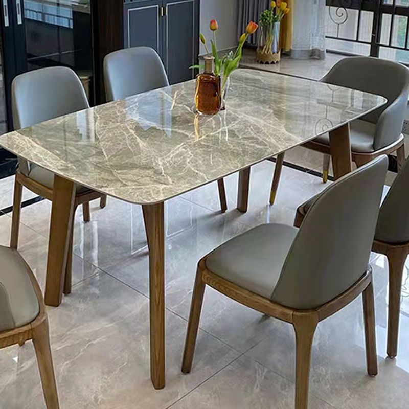 Gray Mid-Century Dining Table Stone Top Table with Wooden Base