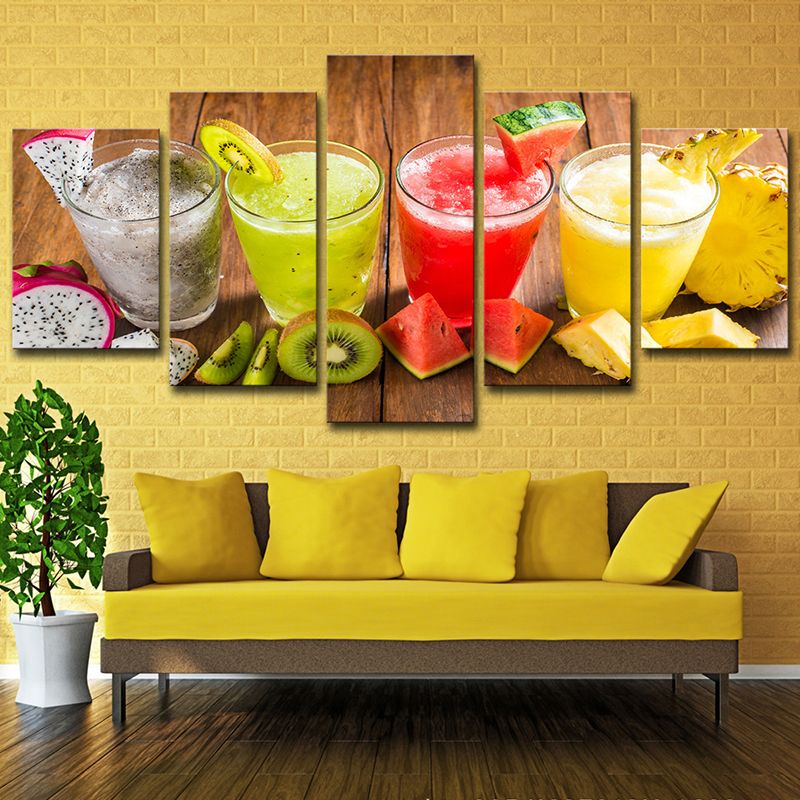 Modern Cups of Juice Art Print Canvas Multi-Piece Red and Yellow Wall Decor for Kitchen