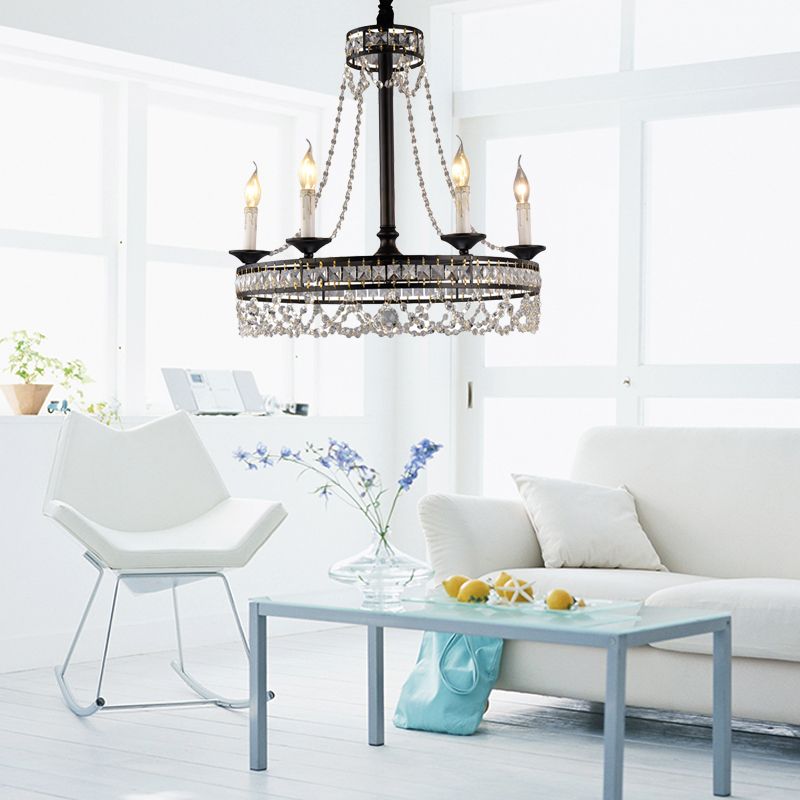 Black Round Chandelier Lamp Nordic Crystal 4/6/8 Heads Pendant Lighting Fixture for Living Room