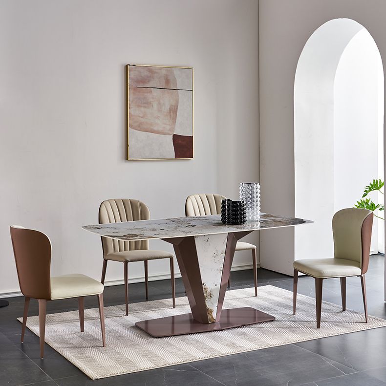 Glossy White Dining Table Set 1/4/5 Pieces Metal Base Table with Leather Chairs