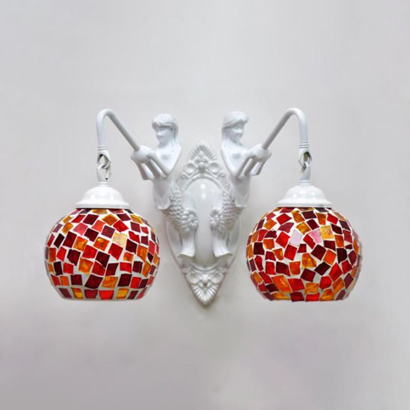Cut Glass Red/Pink/Yellow Vanity Lamp Globe Shade 2 Lights Mediterranean Sconce Light Fixture for Bathroom