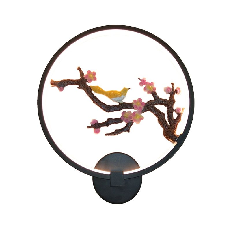 Rounded Plum Blossoms Wall Mural Light Oriental Style Metallic LED Black Wall Mounted Lighting