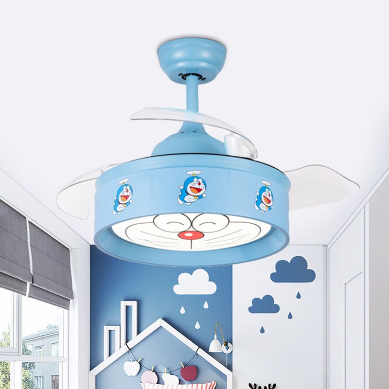 Ventilador de techo de dormitorio LED de 36 "W Luce Niños Pink/Blue 3 Lámpara de semi Flush Lámpara con tono de metal de tambor Patrón de gato de dibujos animados