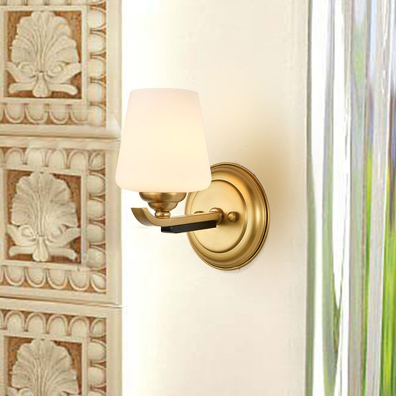 1/2-Head Up Sconce Lighting Traditional Indoor Wall Mounted Lamp with Cone Opal Glass Shade in Brass
