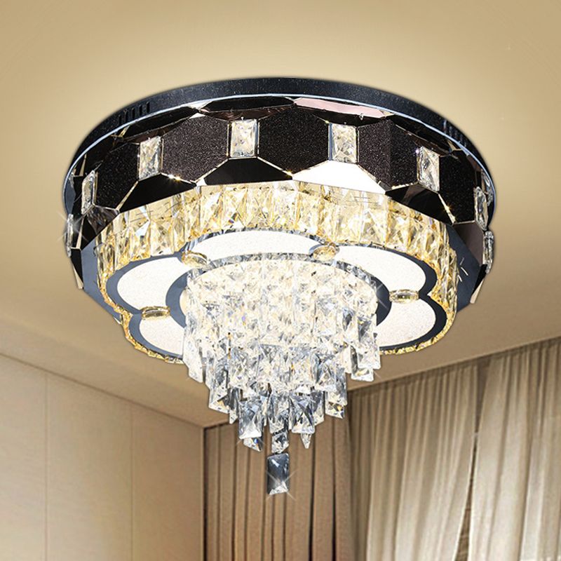 LED Crystal Flush Mount Light Modernism Stainless Steel Tapered Bedroom Ceiling Fixture with Floral Edge