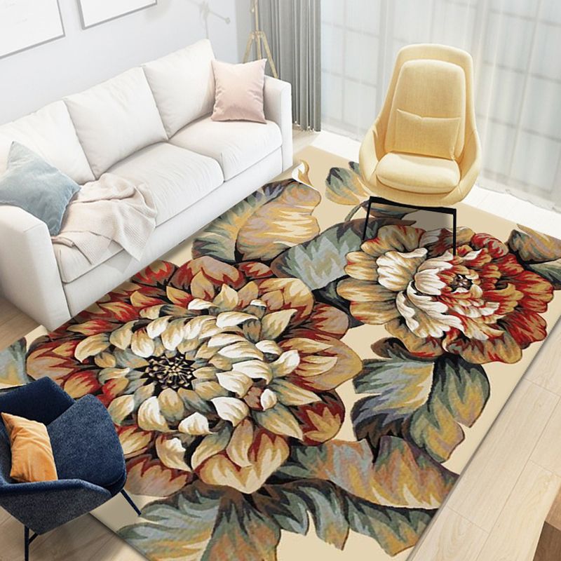 Natural Floral Printed Rug Trendy Polyester Area Rug Non-Slip Backing Carpet for Living Room