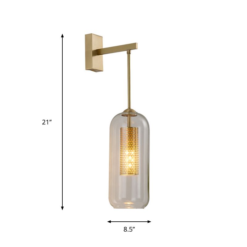 Golden Cylinder Wall Mount Lamp Simple 1 Bulb Clear Glass Sconce Light Fixture for Bedroom