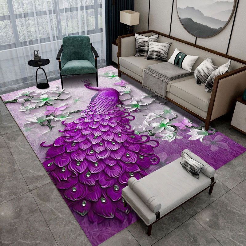 Contemporary Indoor Rug Gorgeous Peacock Pattern Rug Polyster Washable Area Rug for Living Room
