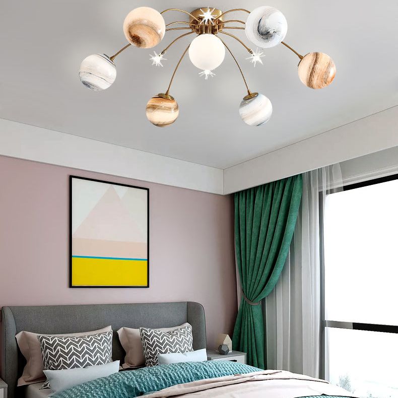 13- Light LED Flush Mount in Modern Unique Style Radial Metal Ceiling Light with Chromatic Planet Glass Shade
