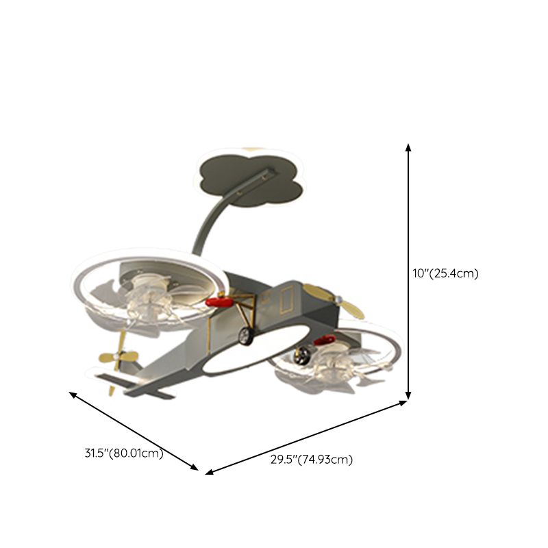 Kids LED Ceiling Fan Lamp Airplane Metal Fan Lighting in Grey for Bedroom