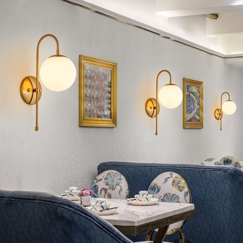 Gold Globe Hanging Wall Lamp in Modern Creative Style Wrought Iron Wall Sconce with Opal Glass Shade