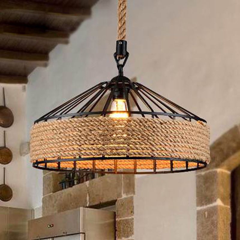 Furto a forma di yurta a forma di corda di canapa a soppalco nero 1 sala da pranzo lampadina lampada a soffitto a sospensione