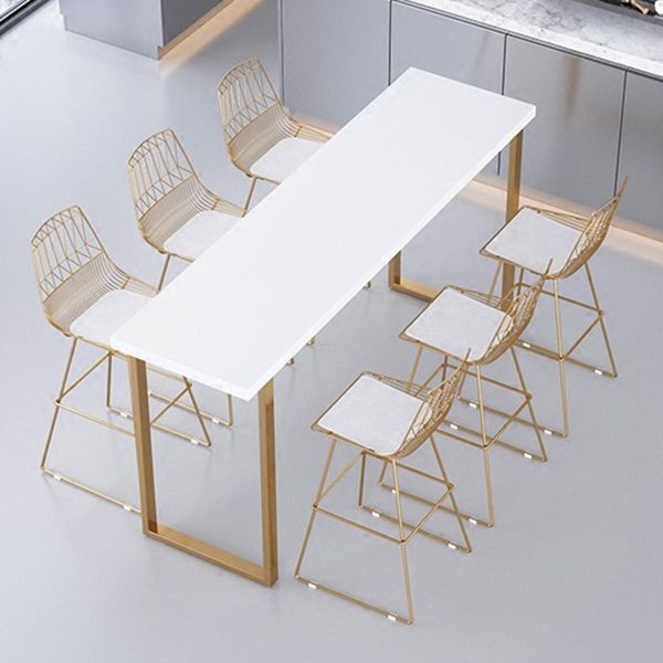 Glam Pub Table with Gold Metal Sled White Solid Wood Top Bar Table