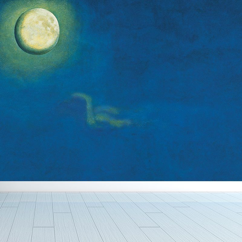 Illustration Moon Night Mural Decal for Living Room, Blue, Custom Size Available