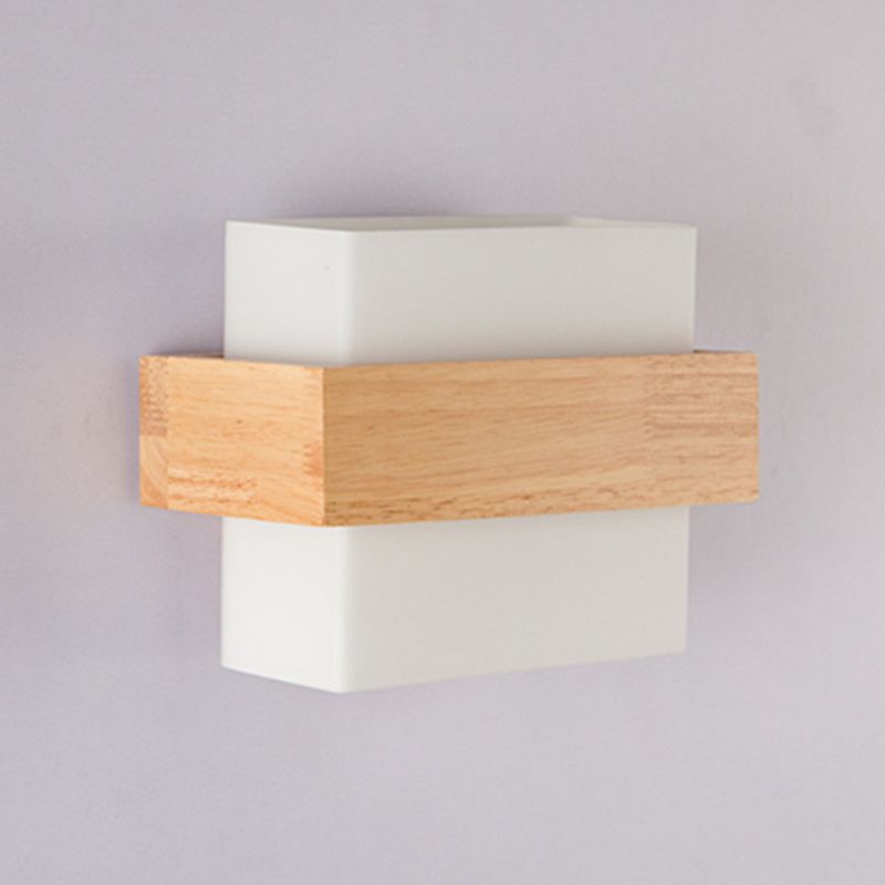 8.6" Wide Rectangular Modern Style Wall Lamp Simplicity Wooden Bedroom Sconces Light with White Glass Shade