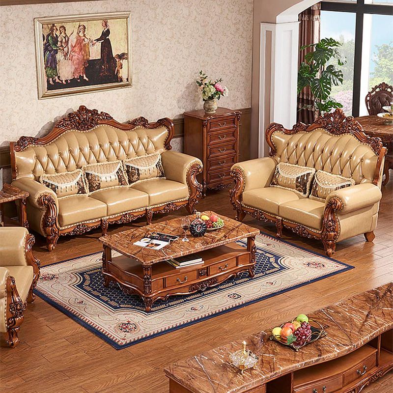 Mid Century Modern Genuine Leather Tufted Back Rolled Arm Sofa For Living Room
