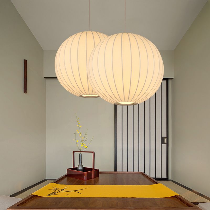 Globe Stretch Silk Suspension Lamp Nordic Style 1-light Dining Room Lighting Fixture in White