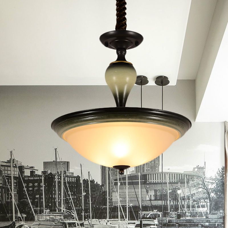 Retro Bowl Semi Flush Mount Light 3 Bulbs Frosted Glass Flushmount Lighting in Black