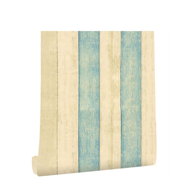 Wood Look Stripes Wallpaper Roll Rustic PVC Adhesive Wall Covering in Yellow-Blue for Room