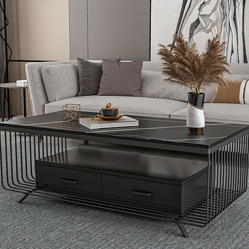 Rectangular Stone 4 Legs Coffee Cocktail Table with 2 Drawers