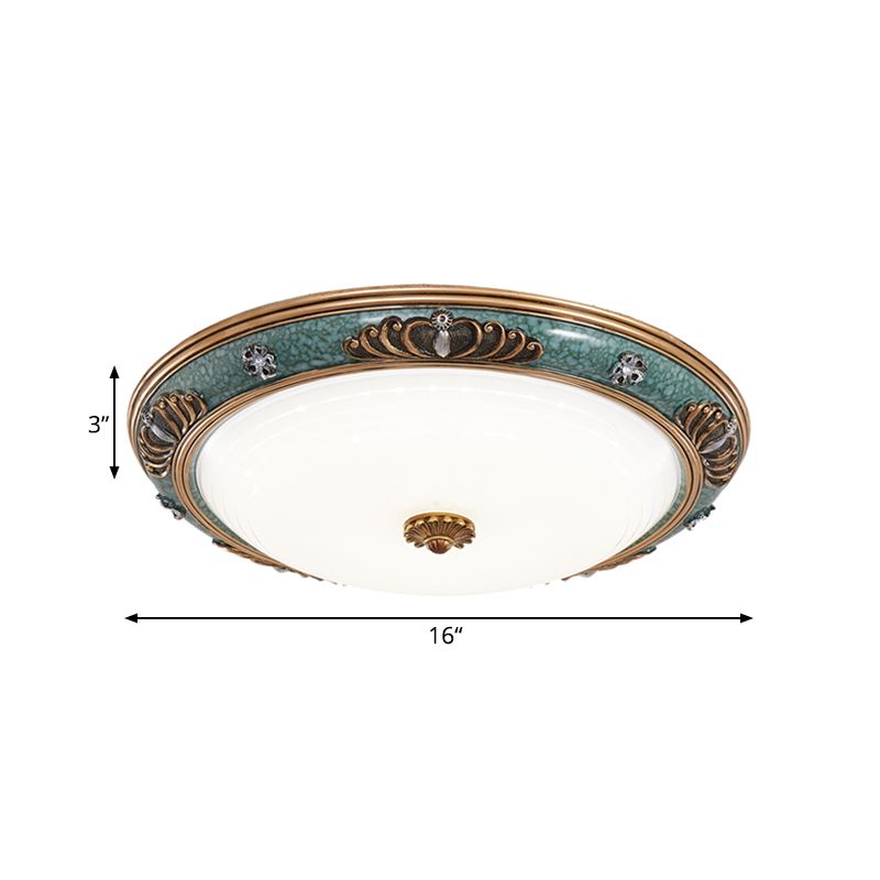16"/19.5"/13.5" Wide LED Milky Glass Flush Light Fixture Traditional Green Crown Living Room Ceiling Lighting in Warm/White Light