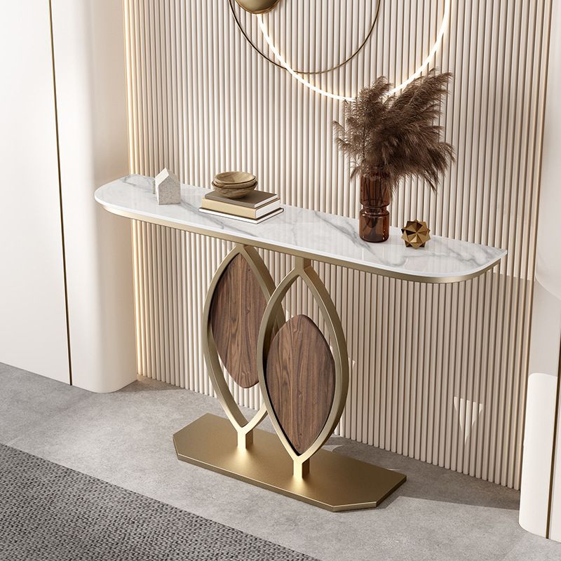 31.5" Tall Stone Glam Console Table Half Moon Accent Table with 1 Shelf