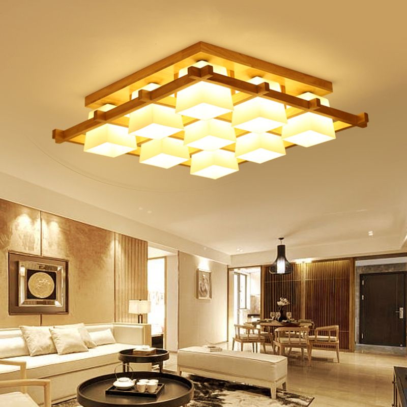 Luminaire encastré géométrique en verre crème de style japonais en bois