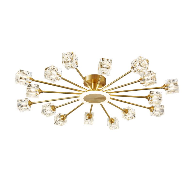 Square Crystal Shade Semi Flush Mount in Modern Luxury Style Sputnik Metal Ceiling Light for Living Room