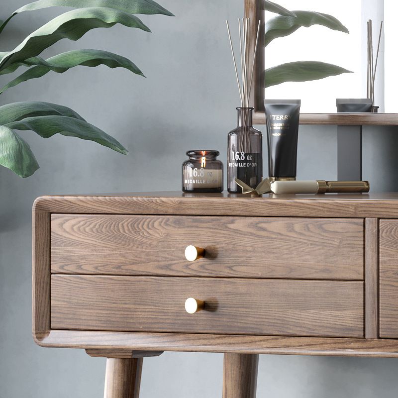 3 Drawers Mirrored Makeup Table Solid Wood Vanity Desk Stool Set