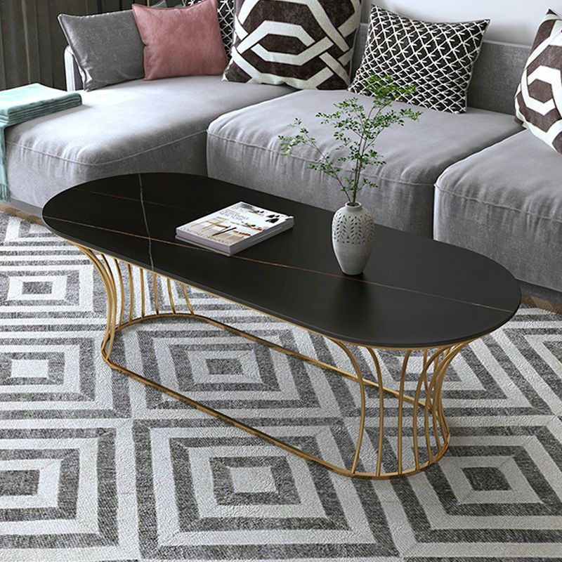 Glam Oval Slate Coffee Table with Iron Frame and Stone Top Cocktail Table