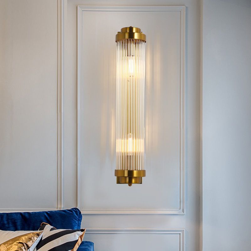Gold 2-Light Wall Light in Modern Luxury Style Cylindrical Crystal Wall Lamp for Bedroom