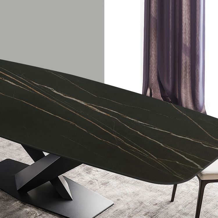 Sintered Stone Rectangle Dining Table Industrial Black Kitchen Table with Pedestal Base