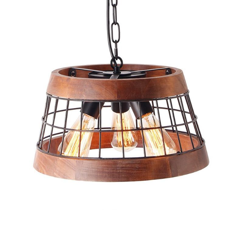 3 Lights Drum Ceiling Pendant Vintage Wood Metal Chandelier Lighting with Cage