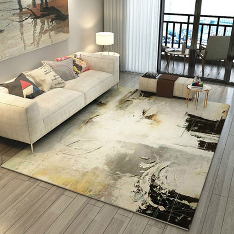 Simple Abstract Rug Grey and Black Polyester Rug Machine Washable Non-Slip Backing Area Rug for Bedroom