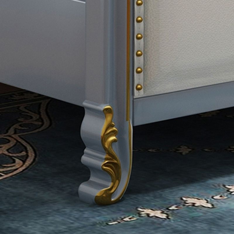 84.65 inch Wide Victorian Bed Pine Wood Bed Frame with Upholstered Headboard