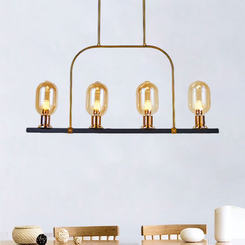Bulb-Like Island Lighting Post Modern Amber Glass 4-Light Black-Gold Hanging Ceiling Lamp with Metallic Frame