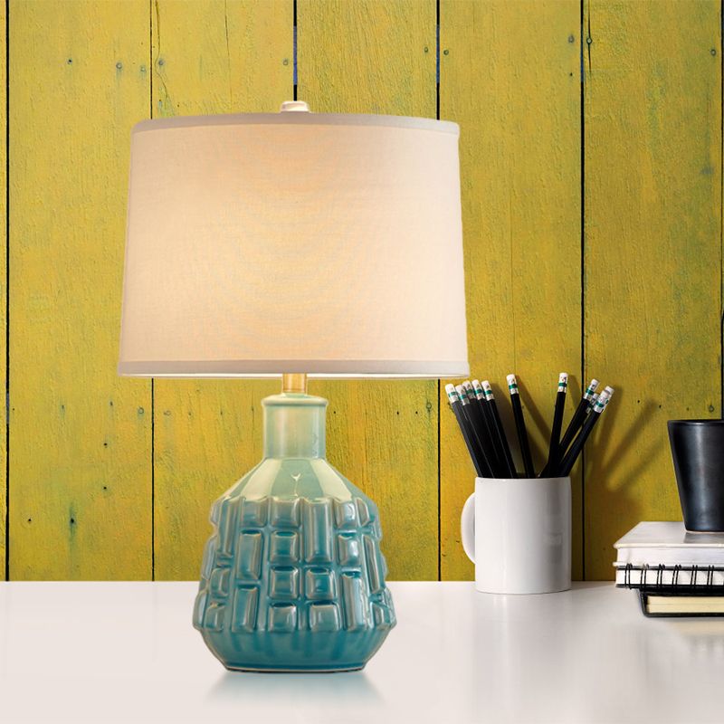 Fabric geschoeide bel/drumtafellamp vintage 1 bol salon nachtkastje licht met keramische potbasis in blauw