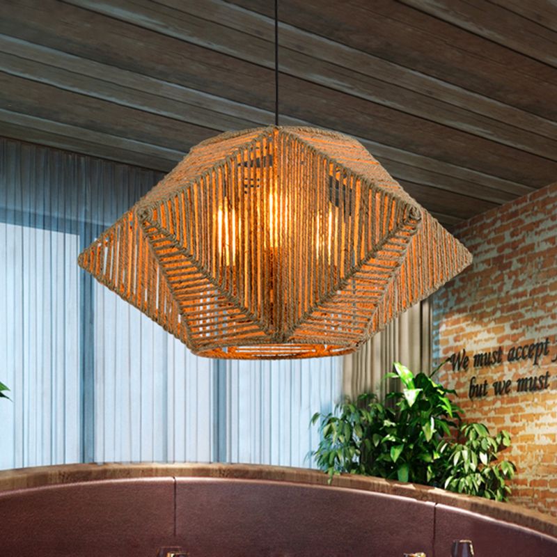 Farmhouse Stereoscopic Star Pendant Lamp 1 Light Rope Hanging Lamp Kit in Beige with Hand Woven Design