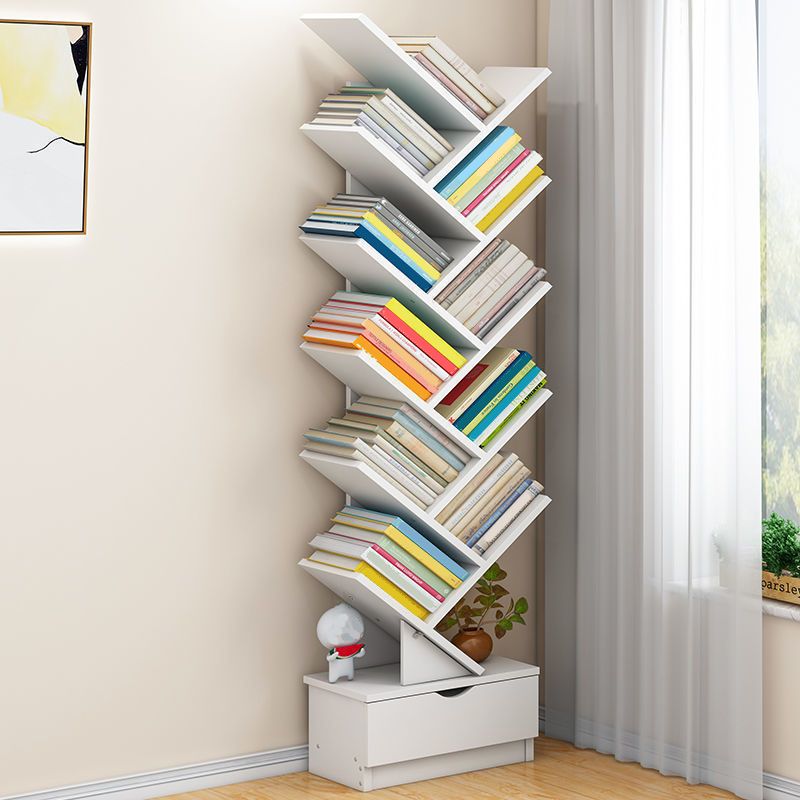 Modern Open Back Standard Bookshelf Engineered Wood Bookcase with Drawers for Study Room