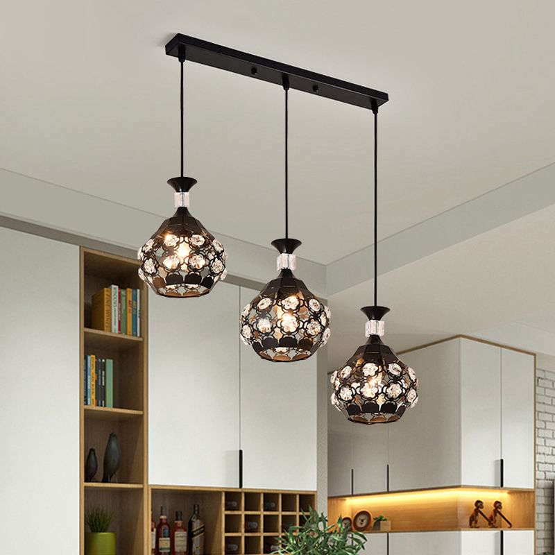 Black Laser-Cut Onion Suspension Light Modernism 3 Bulbs Crystal Encrusted Cluster Pendant