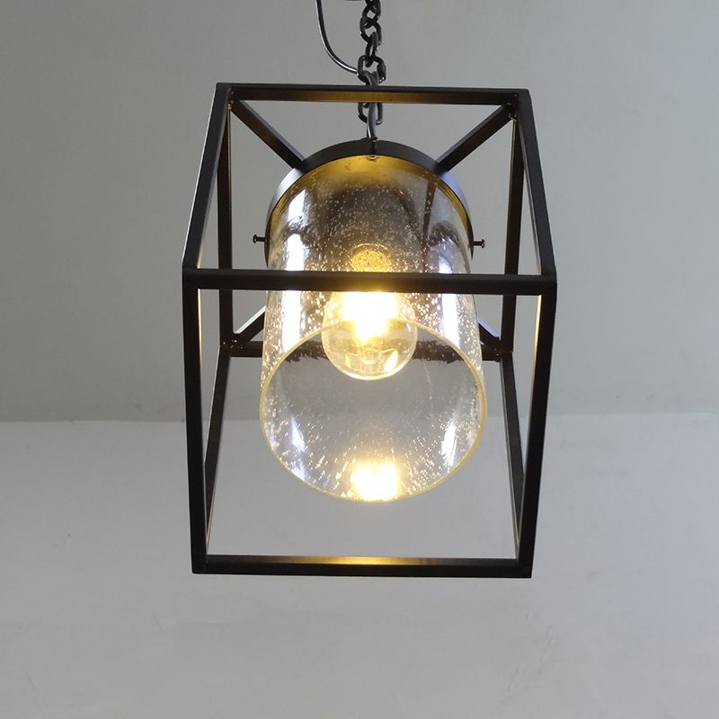 Antique Cylinder Hanging Pendant 1 Bulb Clear Seeded Glass Drop Lamp in Black with Rectangle Cage