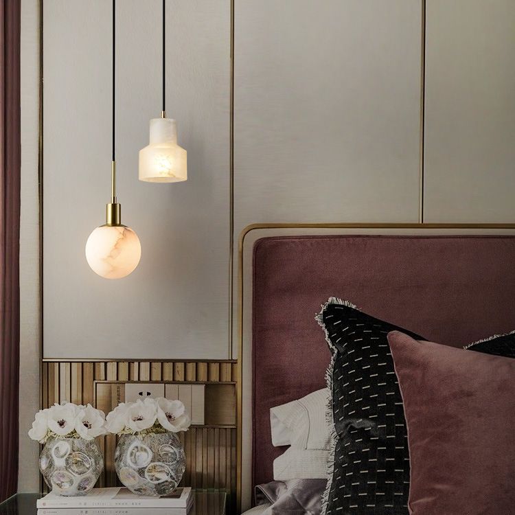 Minimalistic 1-Bulb Drop Pendant White Mini Suspension Lighting with Marble Shade