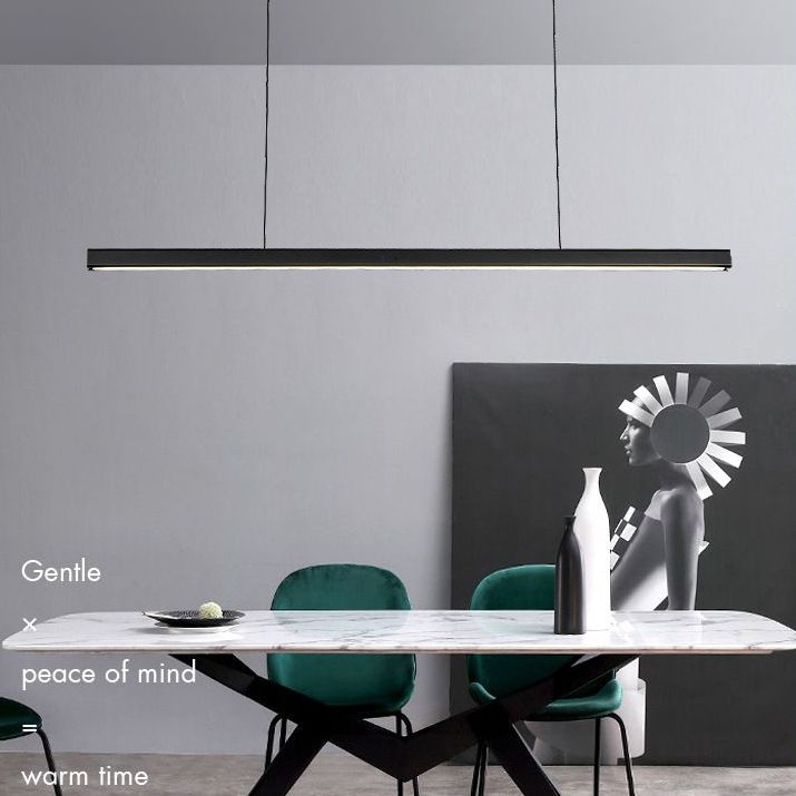 Black Long Strip Minimalism LED Island Light Aluminum + Walnut Nordic Style Suspension Lighting Fixture for Dining Room