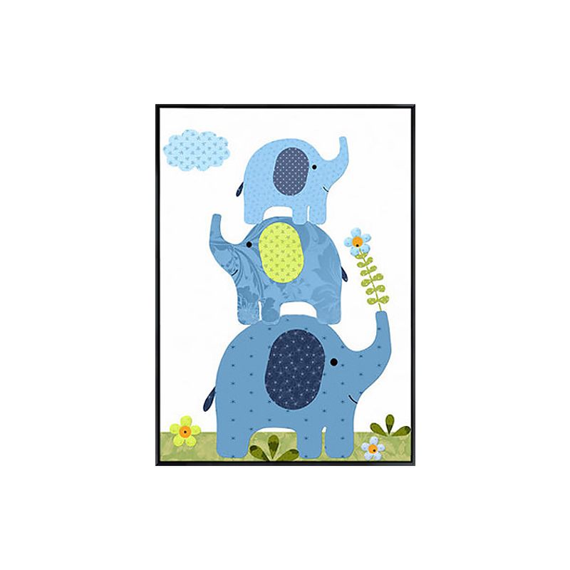 Elephant Canvas Wall Art Cartoon Cute Animal Pattern Wall Decor in Blue for Nursery