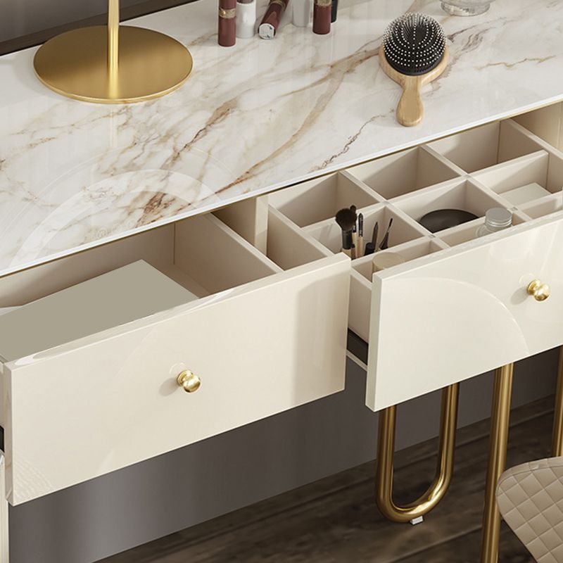 Luxurious Stone Vanity Table with Drawers 30.7" H Makeup Dressing Table Stool Set in Beige