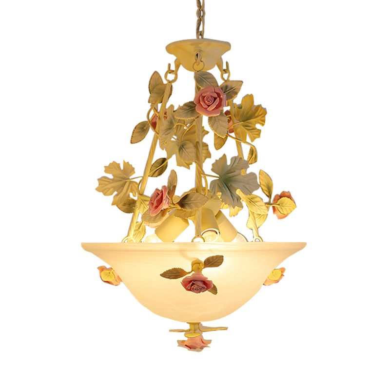 3-Light Inverted Hat Shade Chandelier American Flower Green Opaline Glass Ceiling Pendant Lamp