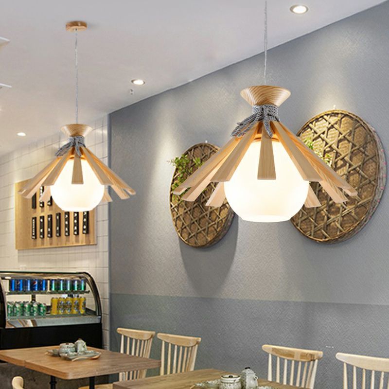 Conical Wood Slat Pendant Light Kit Modern 1-Light Down Lighting with Dome White Glass Shade