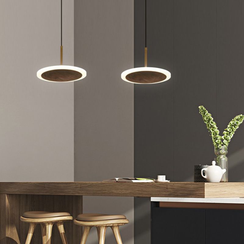 Luce a ciondolo in legno di noce marrone moderna semplice 1 luce rotonda a led lampada per soggiorno
